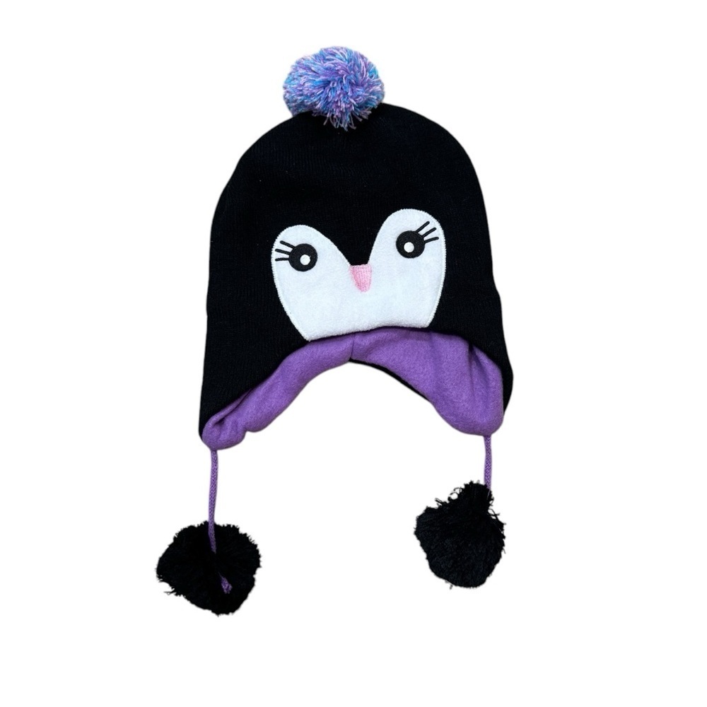 Penguin snow hat, black with white & purple, tassles, purple lining, stretchy.